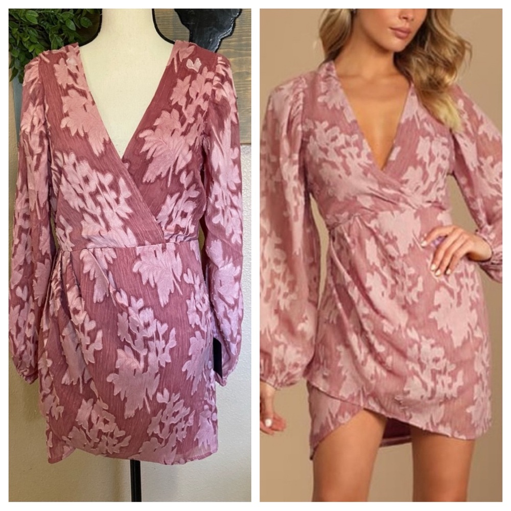 Lulu's Mauve Pink Floral Long Sleeve Wrap Dress